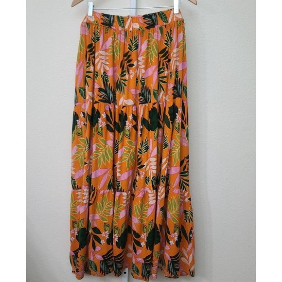 Eloquii Tiered Long Skirt Plus Size 26/28 Tropical Floral Print Orange Green - Picture 5 of 8